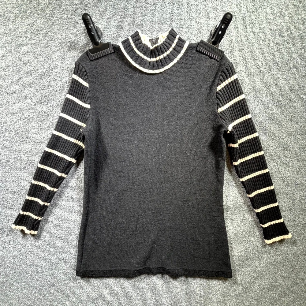 Steve Fabrikant Saks Fifth Avenue Sweater Women Large Black Wool Striped 1/4 Zip